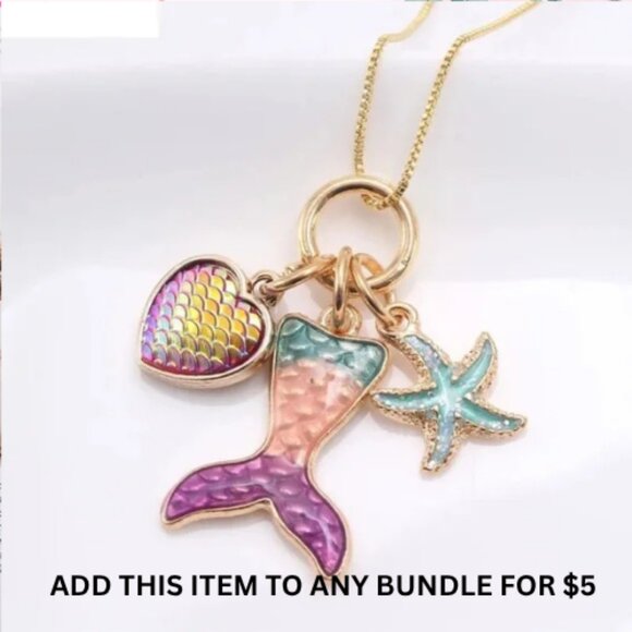 $5 ADD ON ITEM- Mermaid Charm Chain Necklace with Heart Starfish Pendant Girls - Picture 1 of 6
